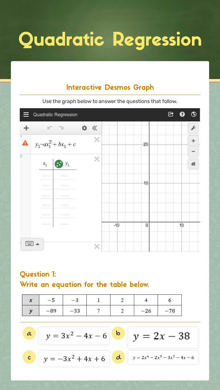 Quadratic Regression Grade 10 worksheet preview