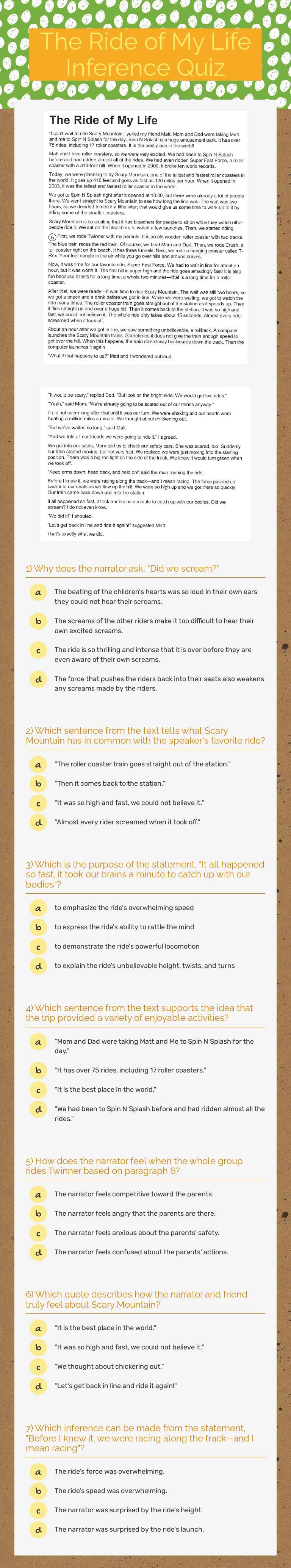 The Ride of My Life Inference Quiz Grade 5 worksheet preview