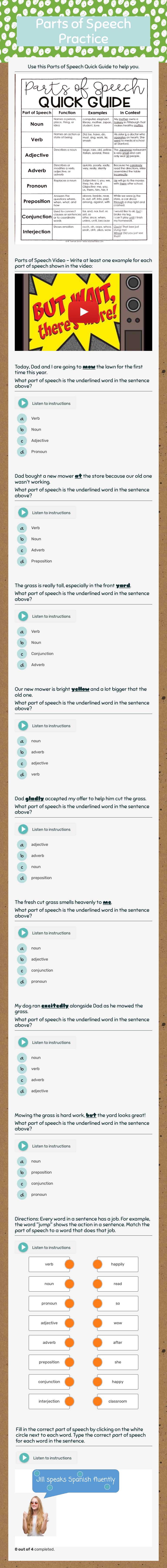 Parts of Speech Practice Grade 5 worksheet preview
