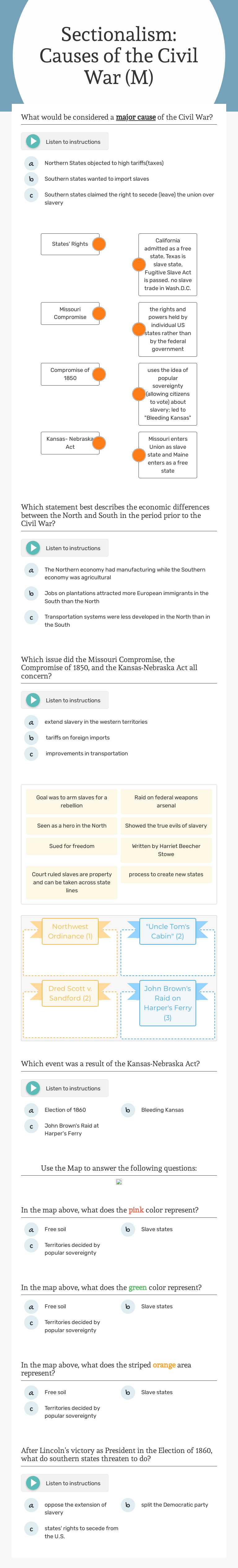 Sectionalism: Causes of the Civil War (M) worksheet preview image