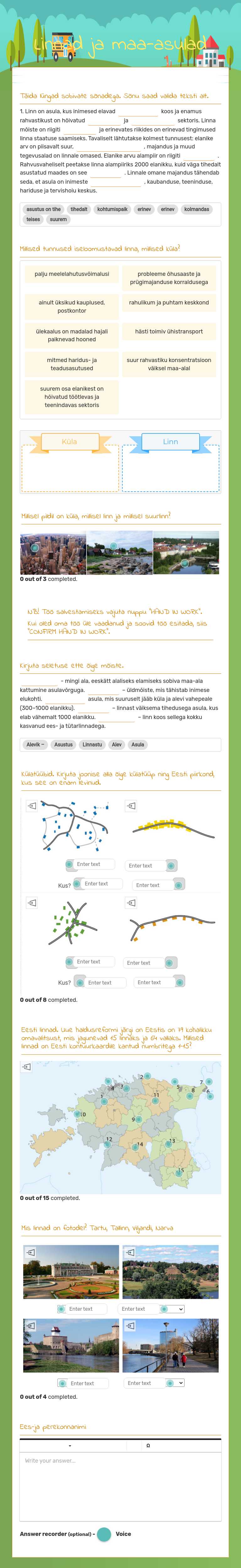 Linnad ja maa-asulad worksheet preview image