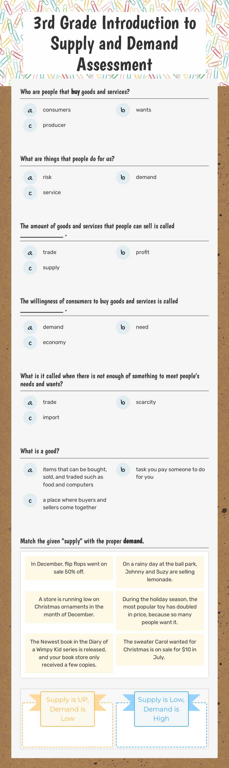 3rd Grade                 
 Introduction to Supply and Demand Assessment worksheet preview image
