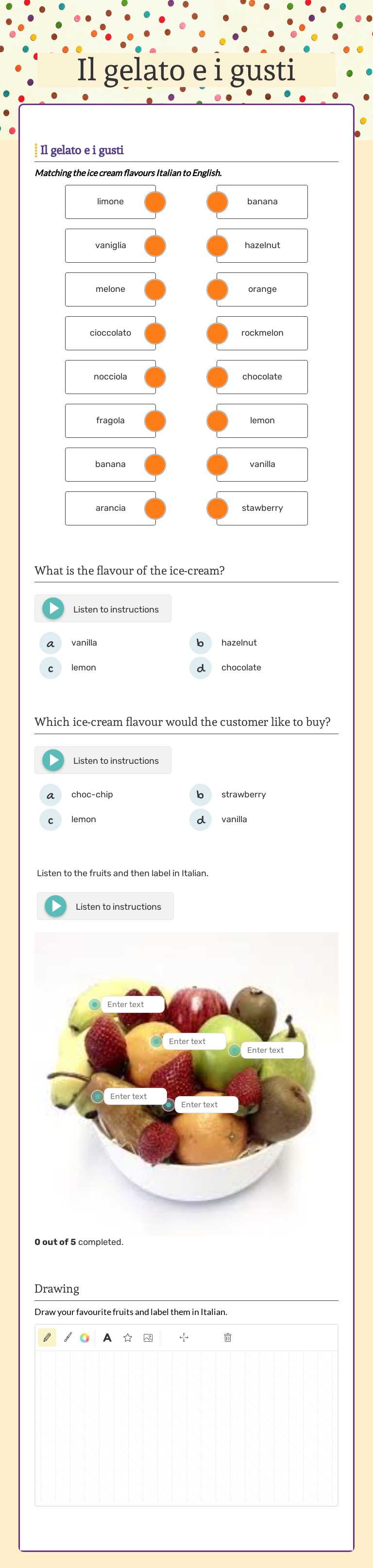 Il gelato e i gusti Grade 6 worksheet preview