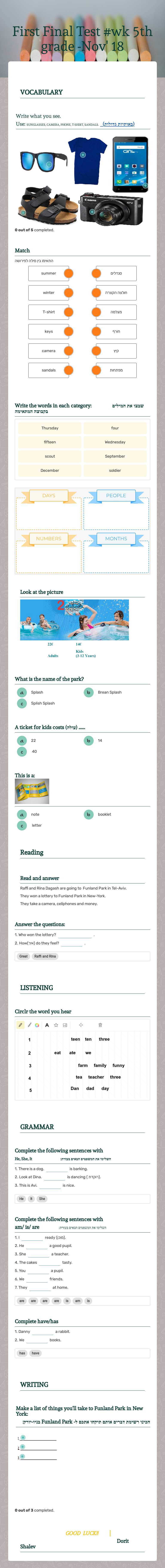 First Final Test #wk                5th grade  -Nov' 18 worksheet preview image