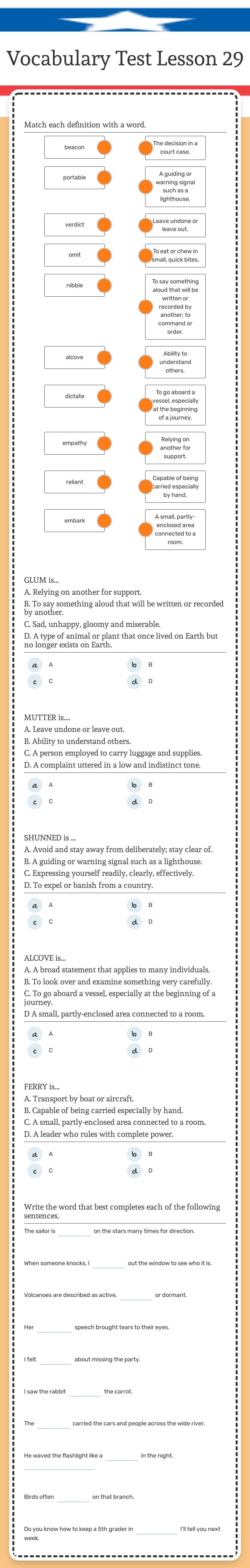 Vocabulary Test Lesson 29 worksheet preview image
