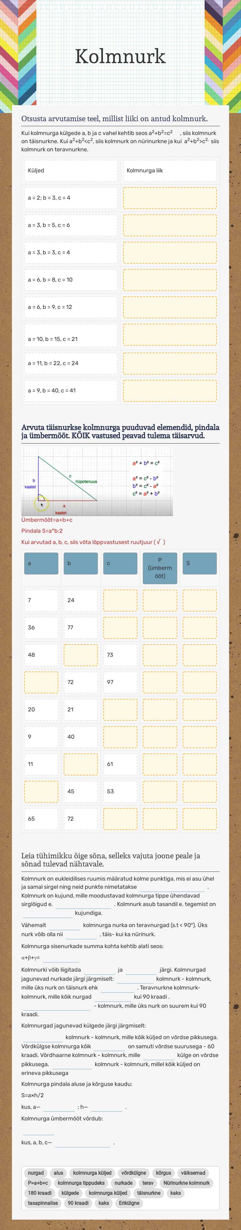 Kolmnurk worksheet preview image