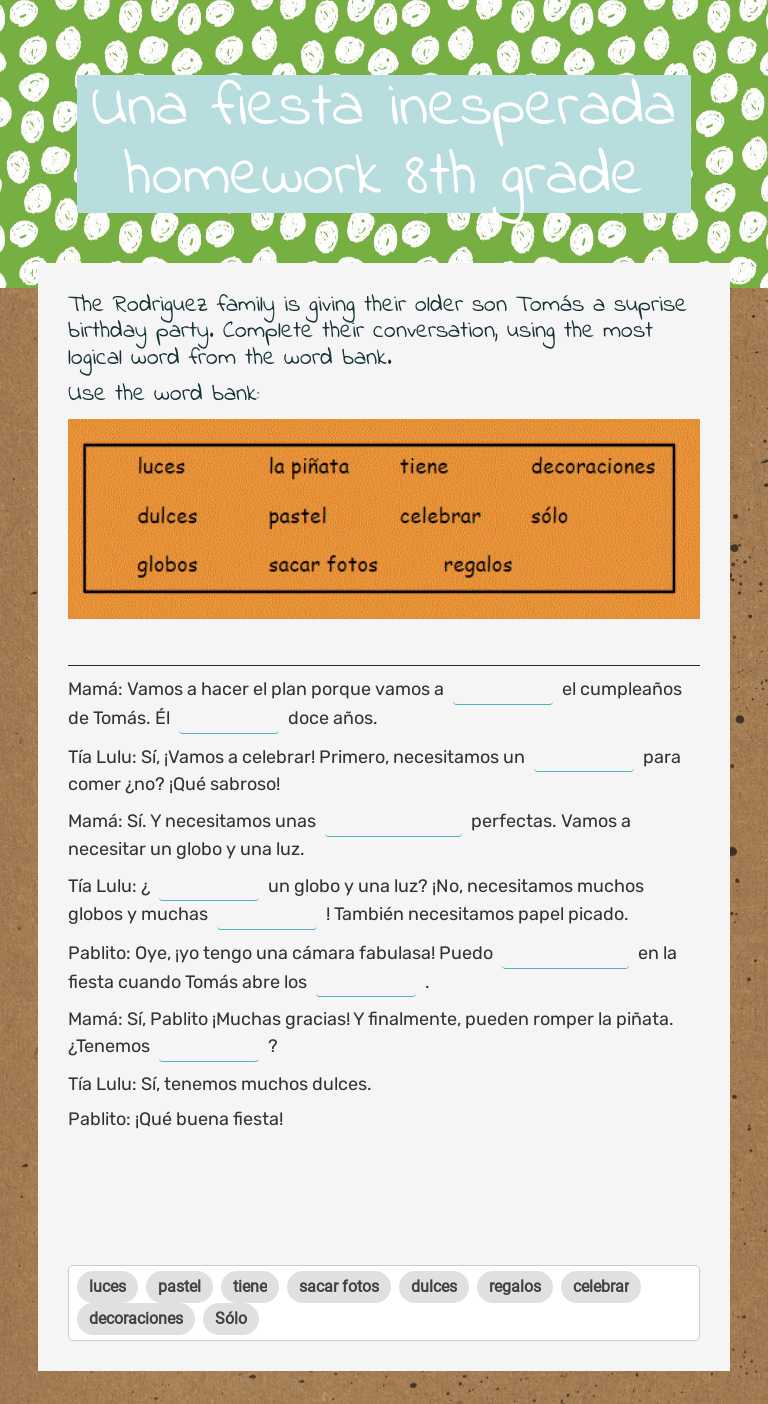 Una fiesta inesperada homework 8th grade Grade 8 worksheet preview
