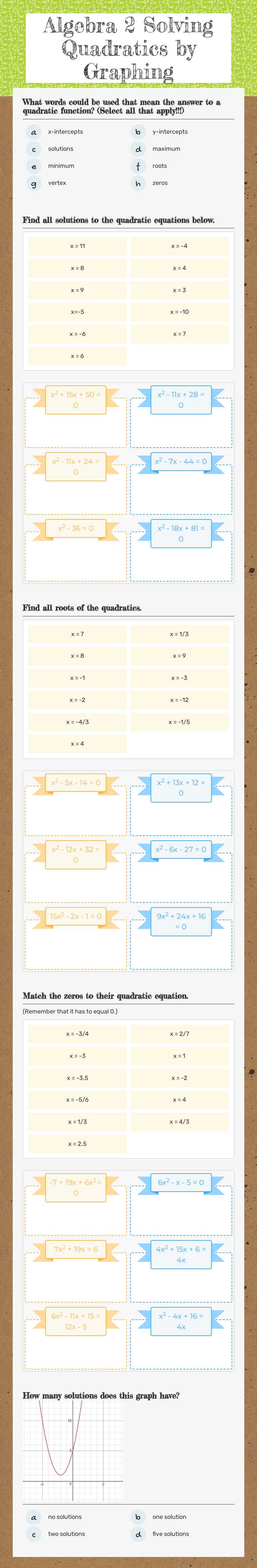 Algebra 2 Solving Quadratics by Graphing worksheet preview image