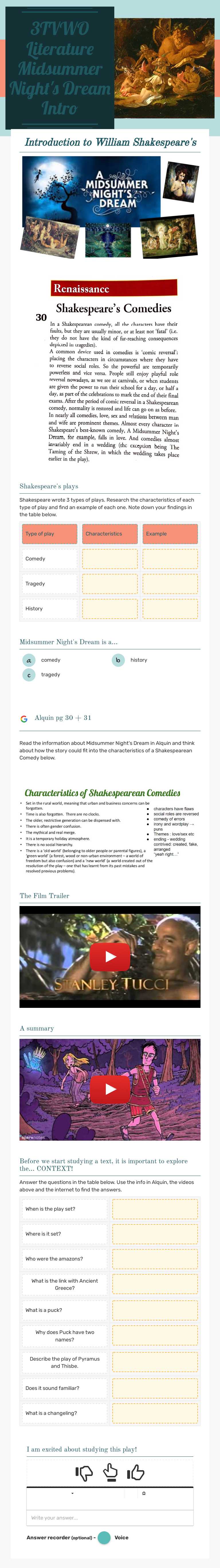 3TVWO Literature
Midsummer Night's Dream Intro worksheet preview image