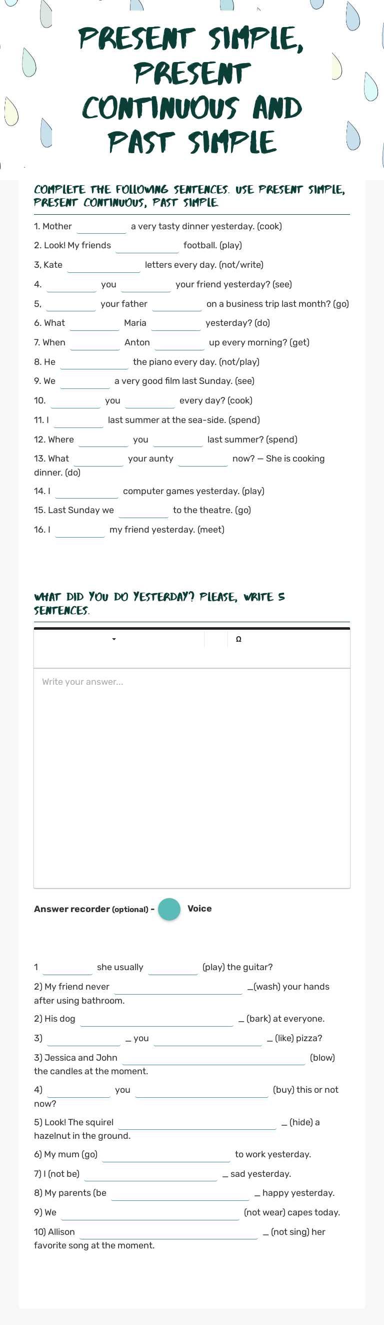 Present simple, Present continuous and Past Simple worksheet preview image
