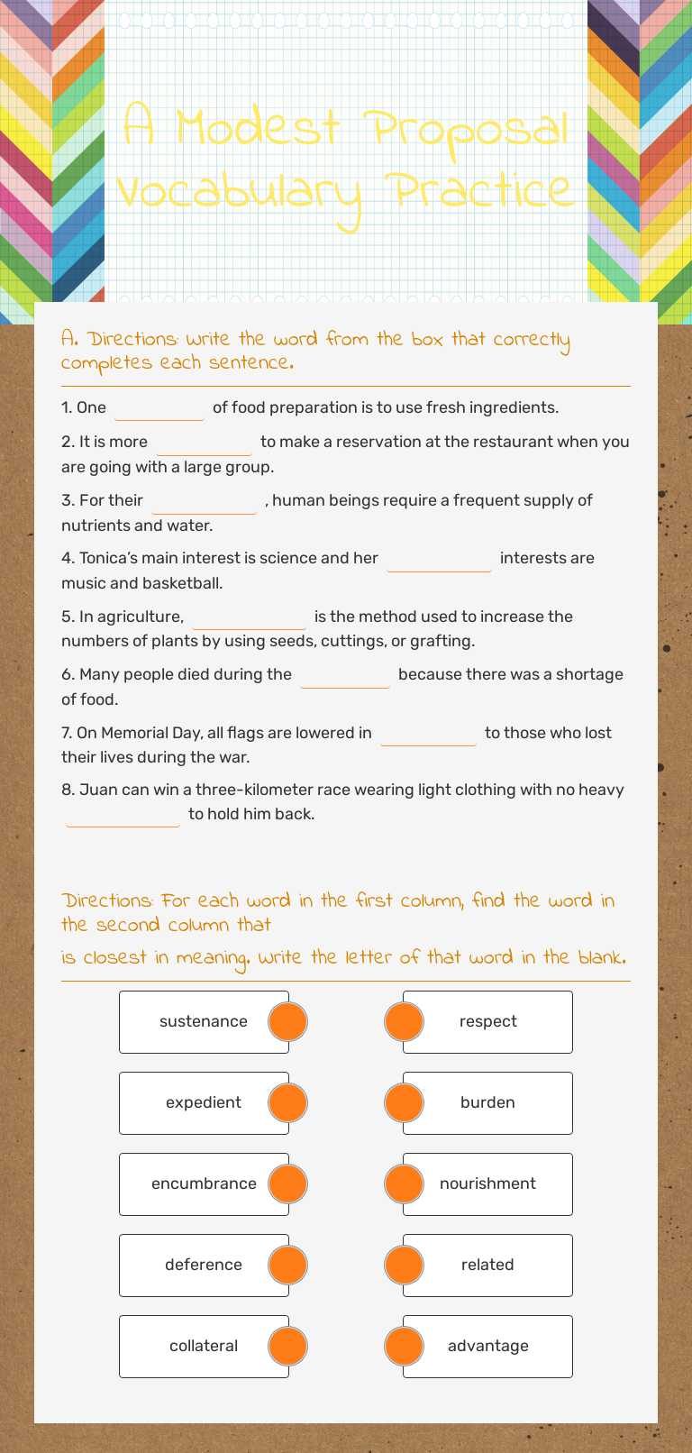 A Modest Proposal Vocabulary Practice worksheet preview image