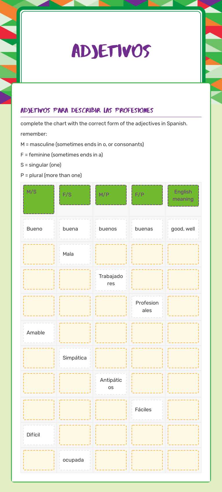 adjetivos worksheet preview image