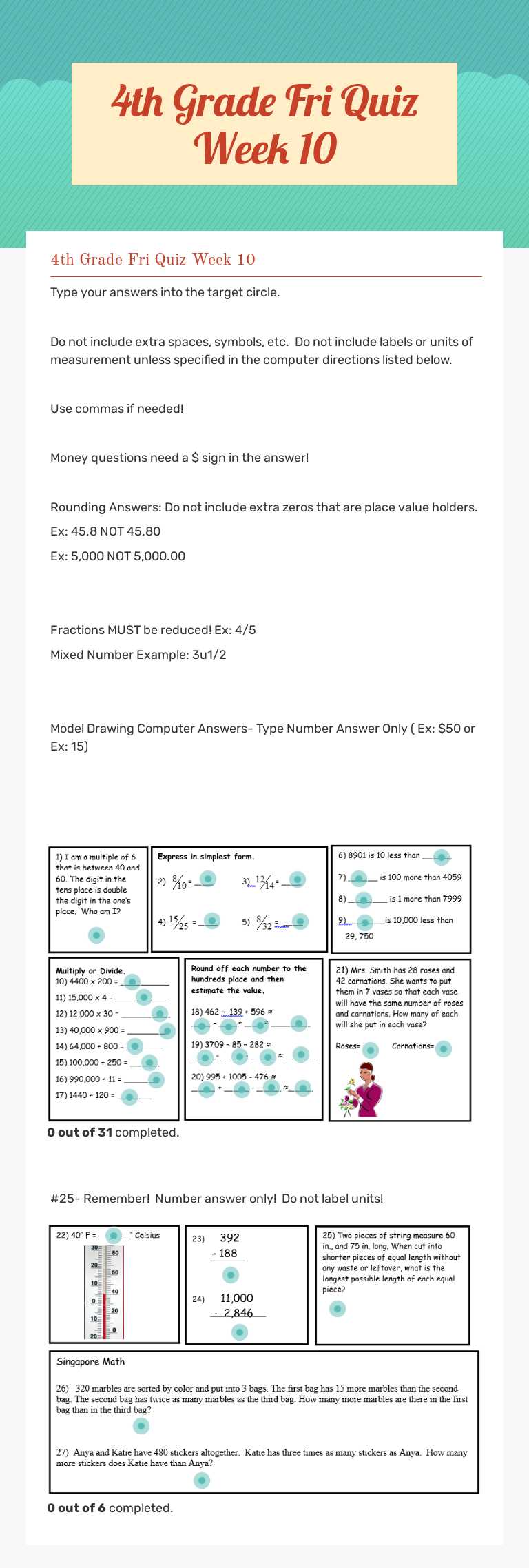 4th Grade Fri Quiz Week 10 worksheet preview image