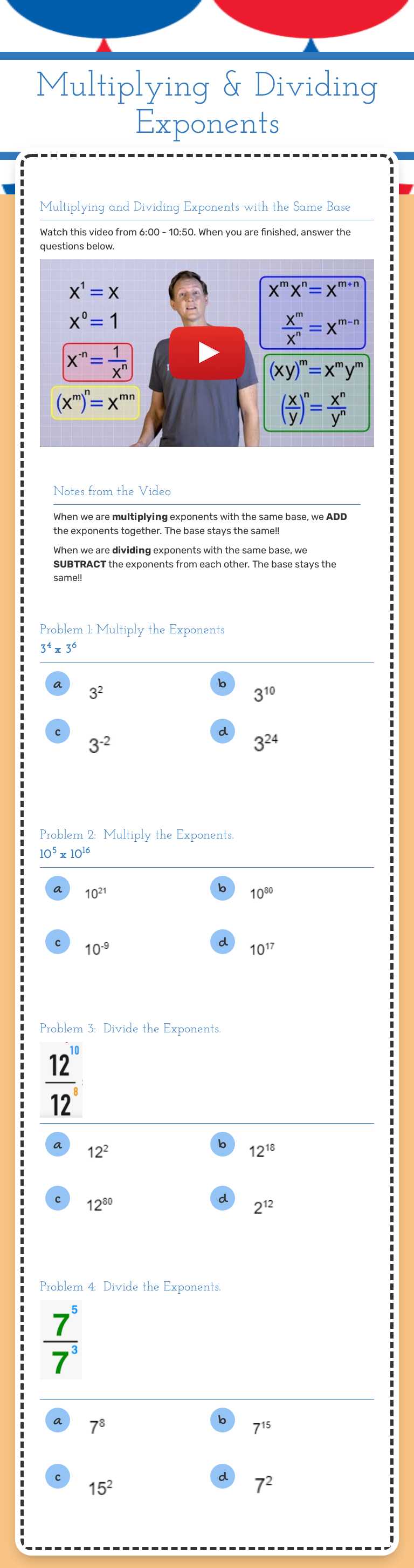 Multiplying & Dividing Exponents worksheet preview image