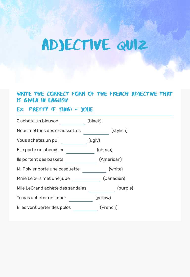 Adjective Quiz worksheet preview image
