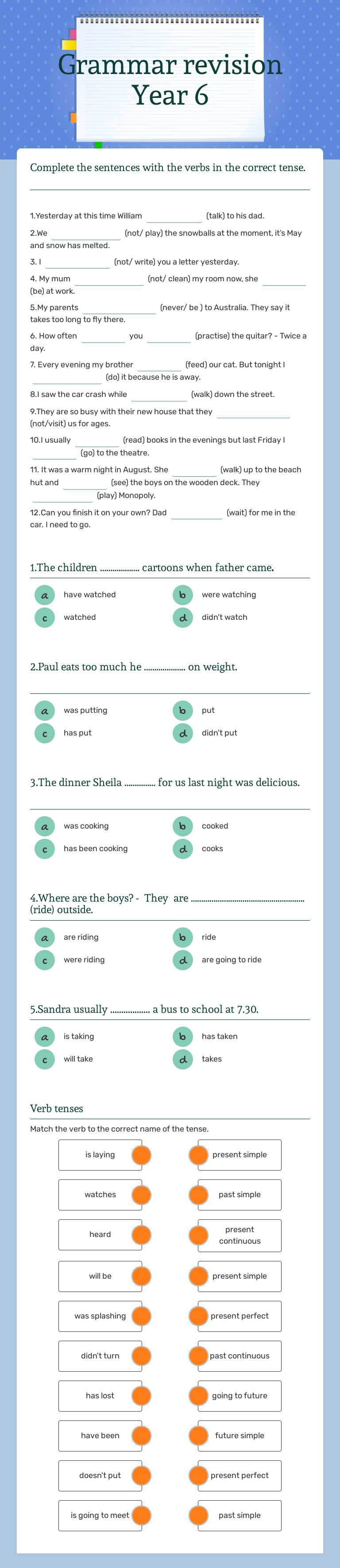 Grammar revision Year 6 worksheet preview image