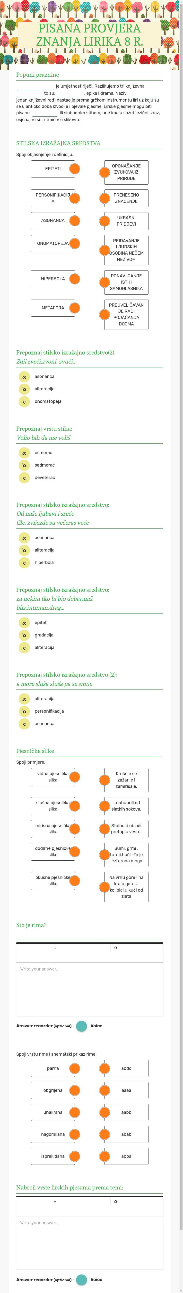 PISANA PROVJERA ZNANJA LIRIKA 8 R. Grade 8 worksheet preview