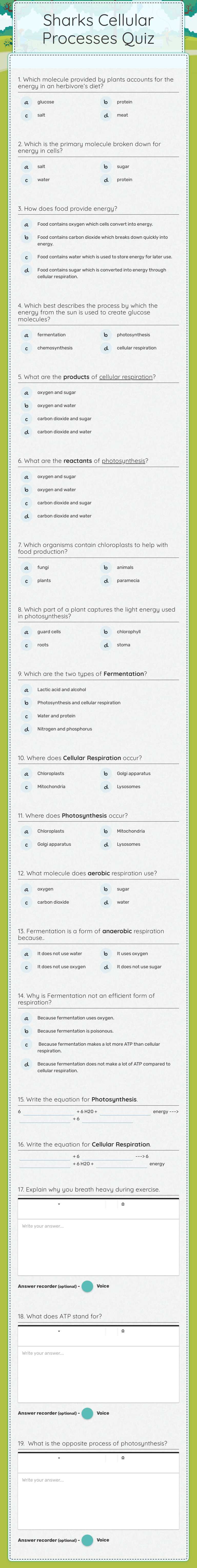 Sharks Cellular Processes Quiz Grade 8 worksheet preview
