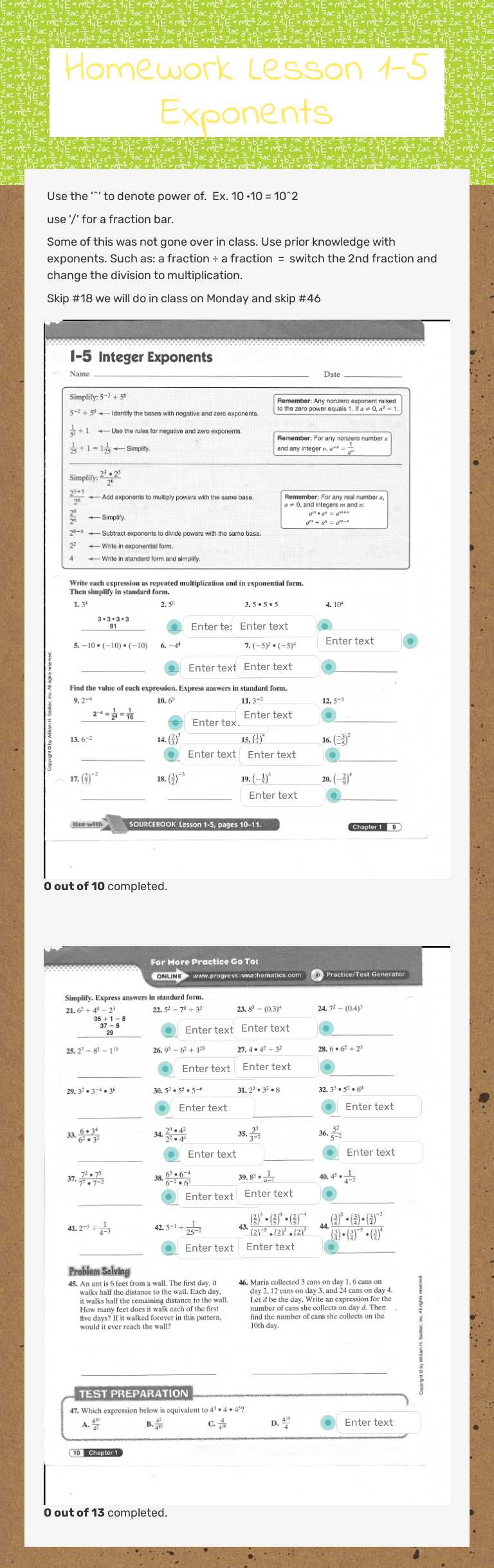 Homework Lesson 1-5 Exponents Grade 8 worksheet preview