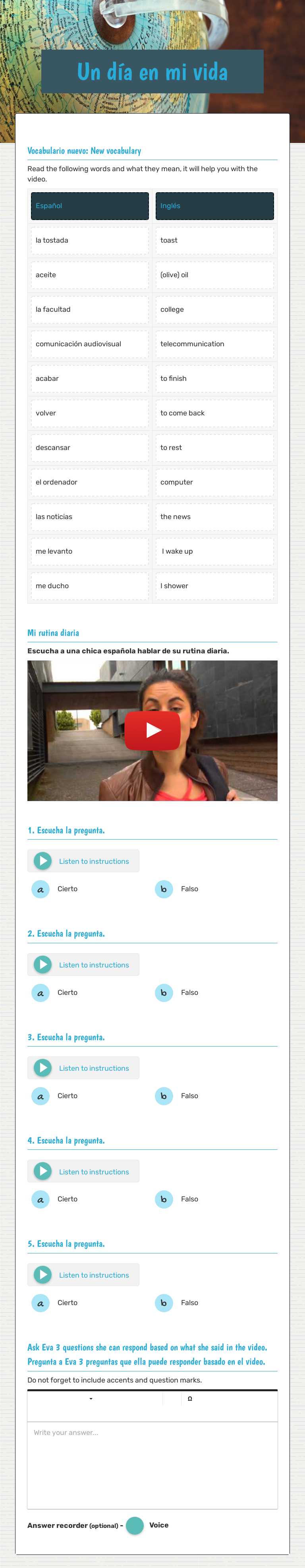 Un día en mi vida worksheet preview image