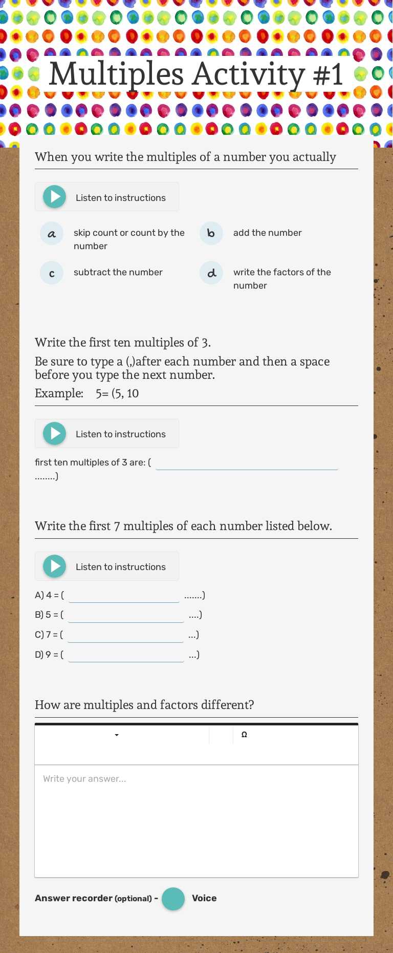 Multiples Activity #1 Grade 4 worksheet preview