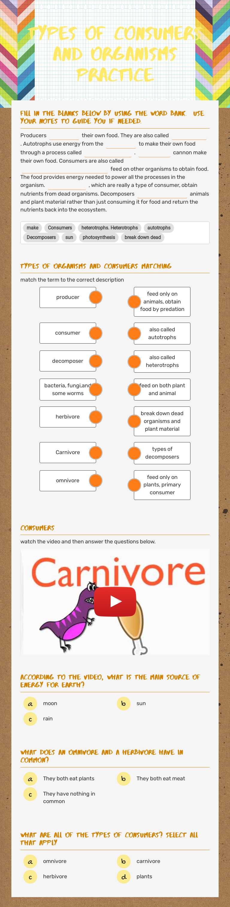 CHARACTERISITCS OF LIVING THINGS. PRODUCERS, CONSUMERS AND DECOMPOSERS worksheet preview image