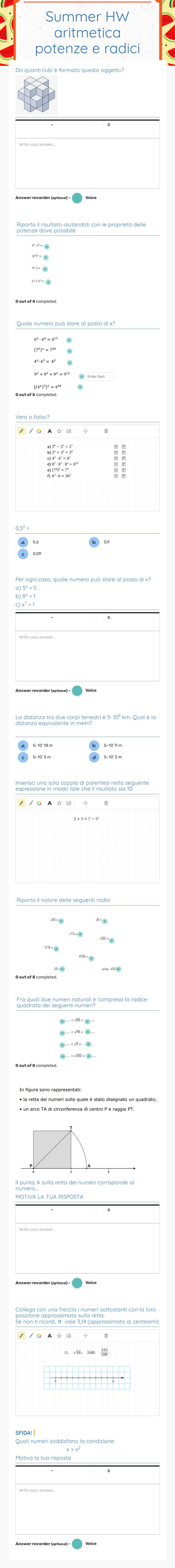 Summer HW aritmetica potenze e radici worksheet preview image