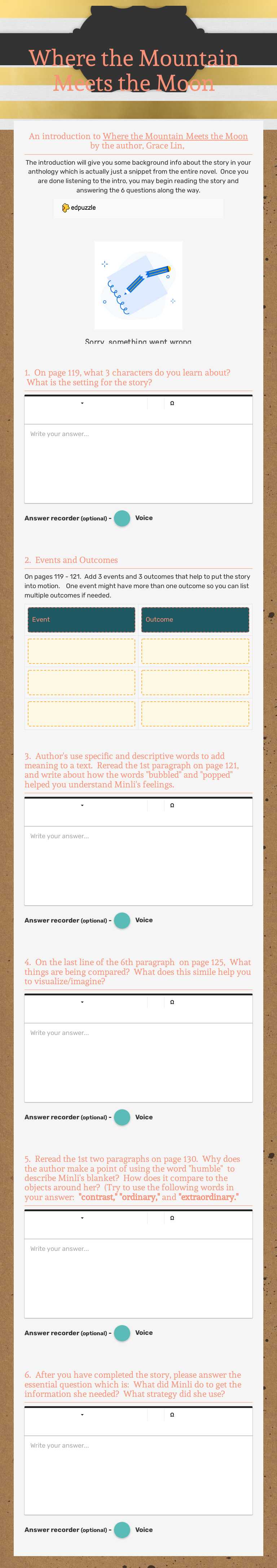 Where the Mountain Meets the Moon worksheet preview image