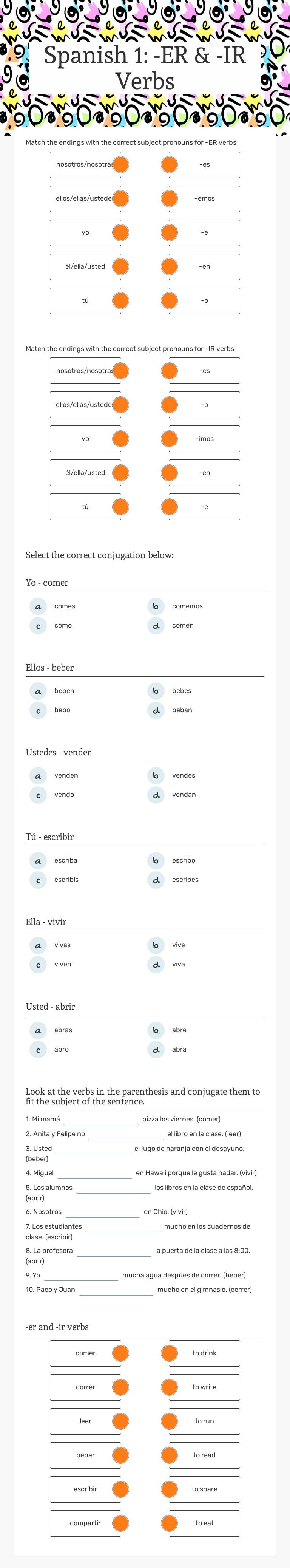 Spanish 1: -ER & -IR Verbs worksheet preview image