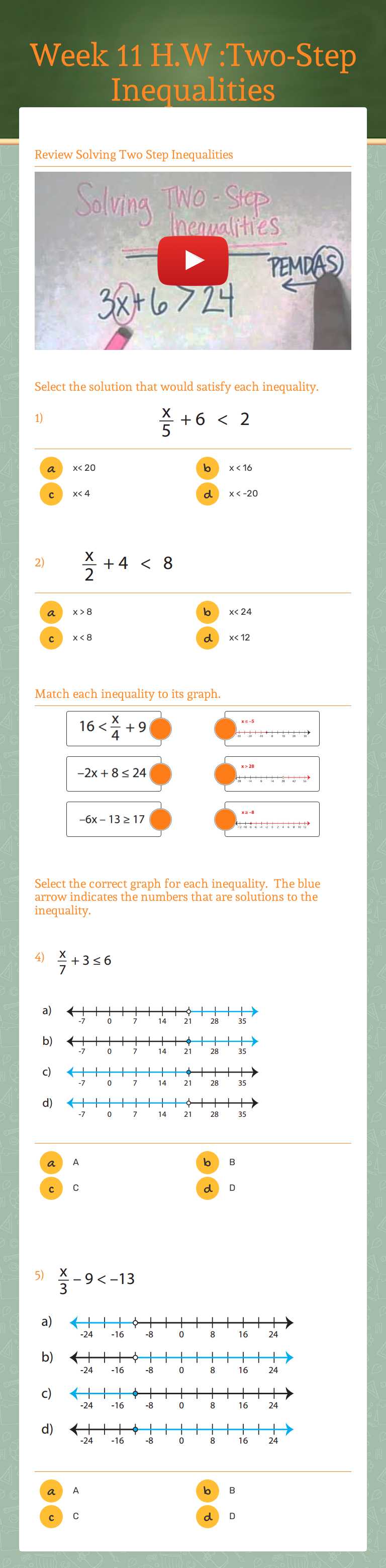 Week 11 H.W :Two-Step Inequalities worksheet preview image