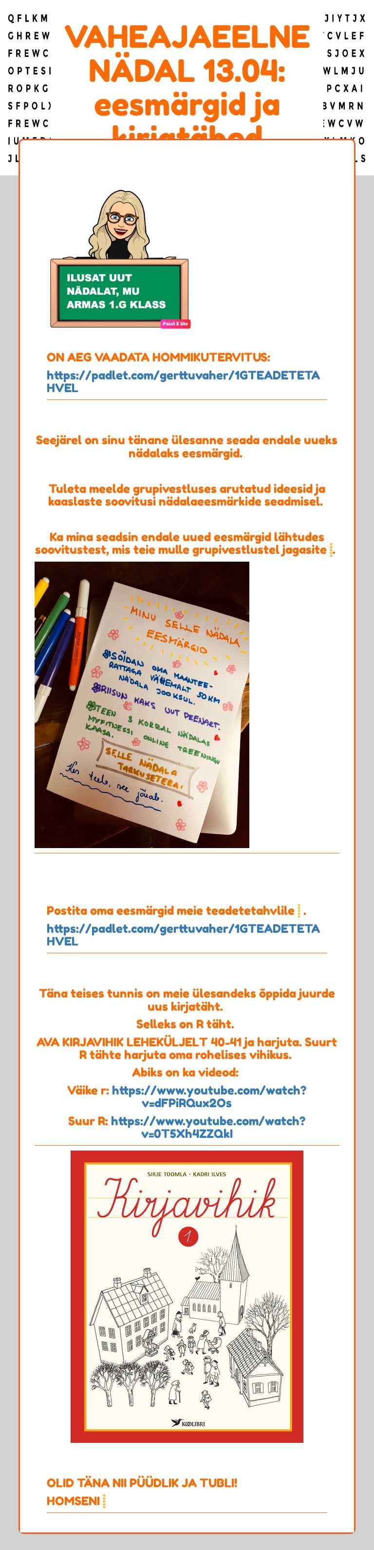 VAHEAJAEELNE NÄDAL 
13.04: eesmärgid ja kirjatähed worksheet preview image