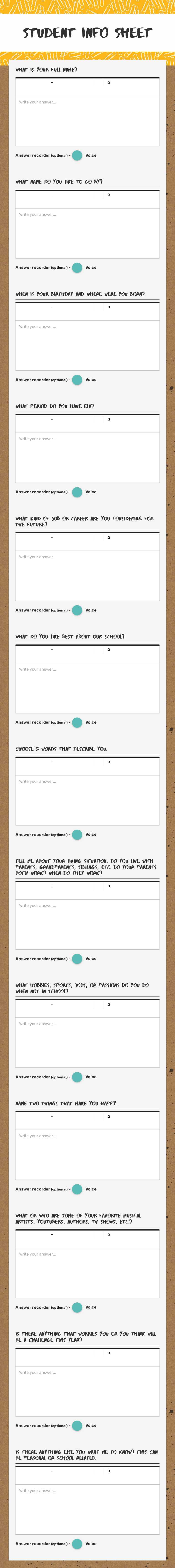 Student Info Sheet Preschool worksheet preview