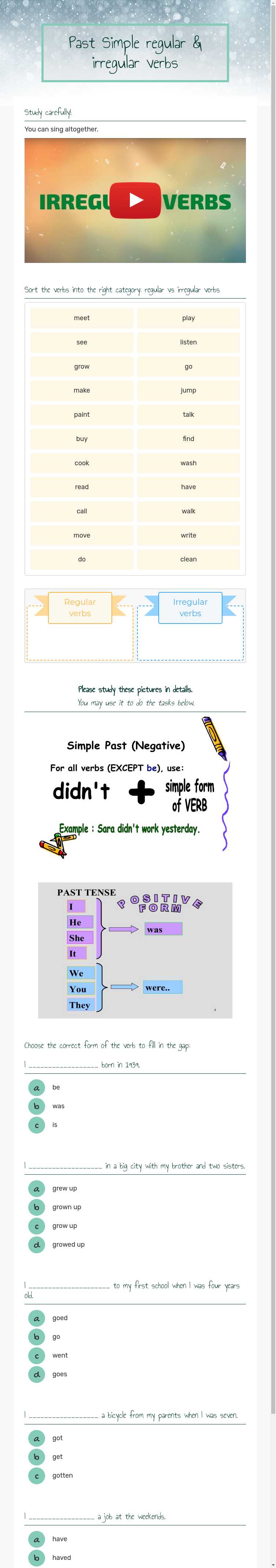 Past Simple regular & irregular verbs worksheet preview image