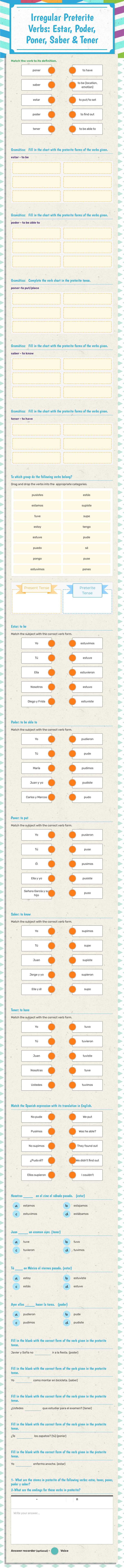 Irregular Preterite Verbs: Estar, Poder, Poner, Saber & Tener worksheet preview image