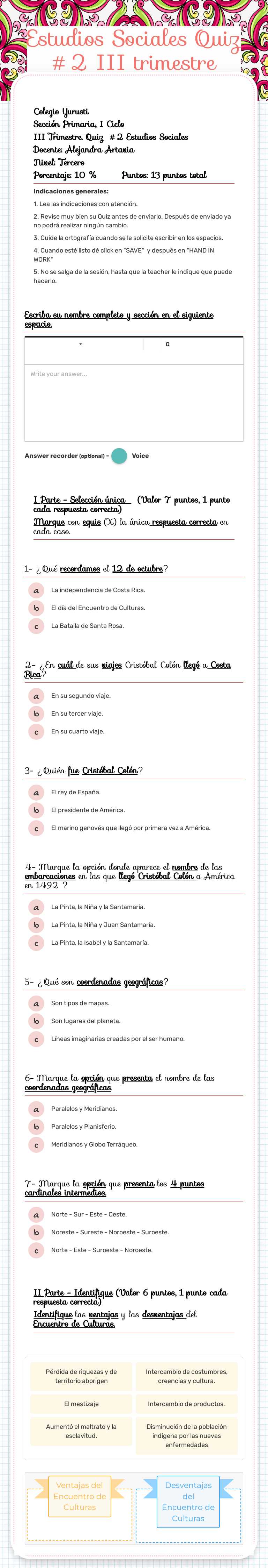 Estudios Sociales    
           Quiz #2               III trimestre Grade 3 worksheet preview