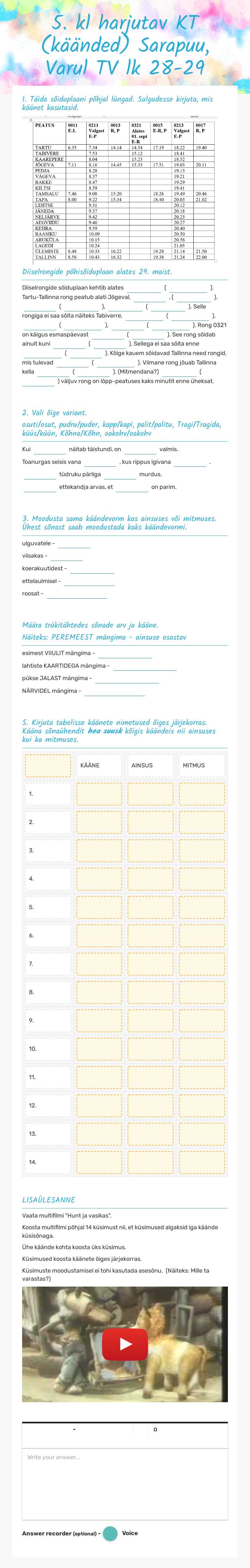 5. kl harjutav KT   
      (käänded)         Sarapuu, Varul TV lk 28-29 worksheet preview image