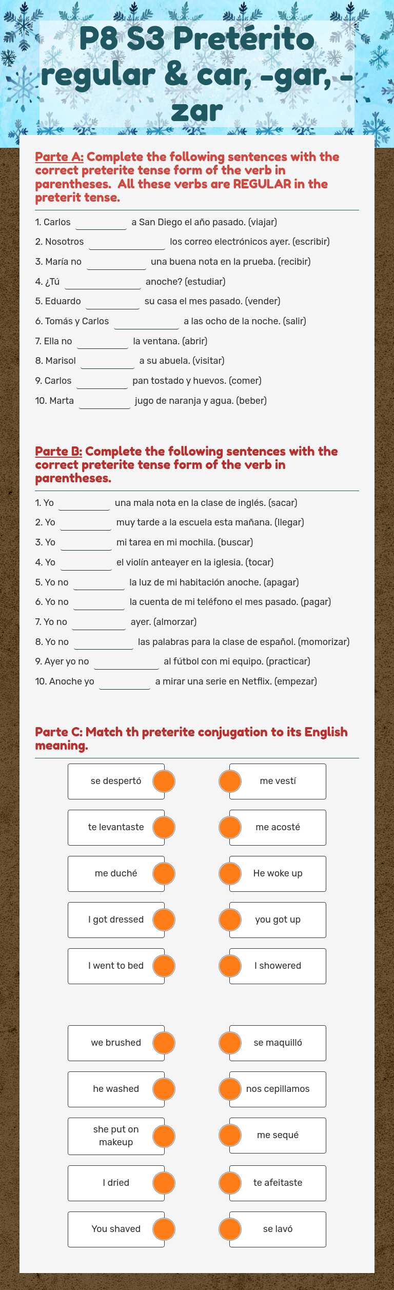 P8 S3 Pretérito regular & car, -gar, -zar worksheet preview image
