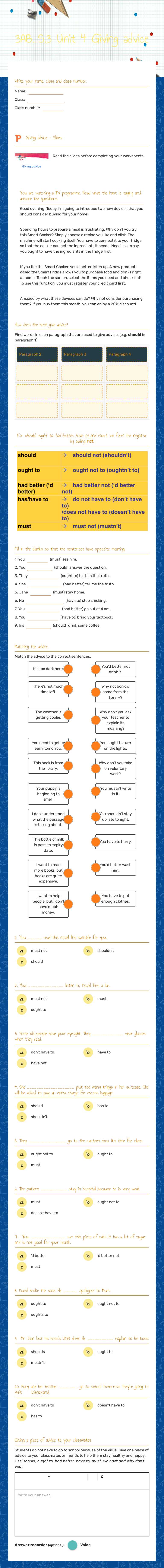 3AB_S.3 Unit 4 Giving advice worksheet preview image