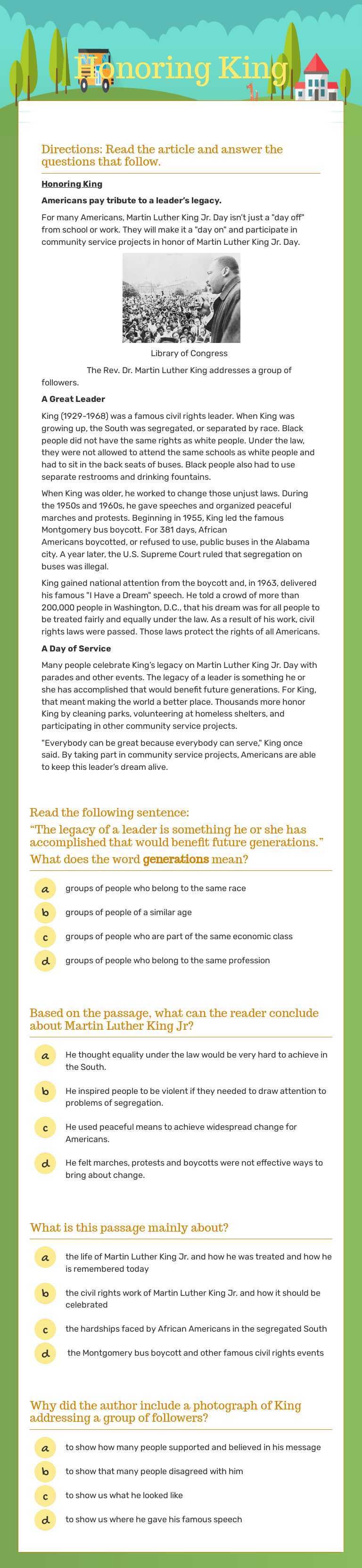 Honoring King worksheet preview image