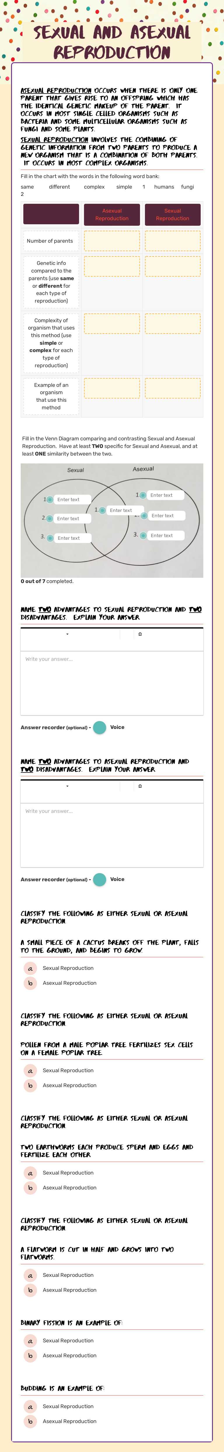Sexual and Asexual Reproduction Grade 7 worksheet preview