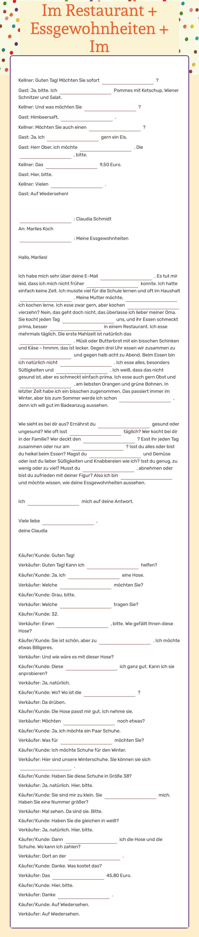 Im Restaurant + Essgewohnheiten + Im Bekleidungsgeschäft worksheet preview image