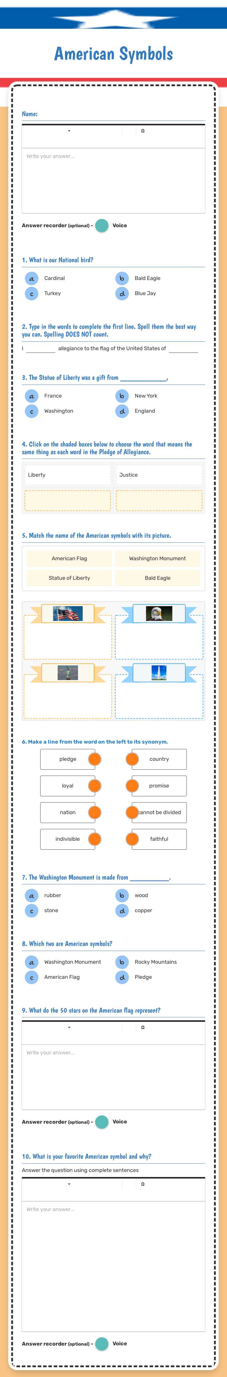 American Symbols Grade 2 worksheet preview