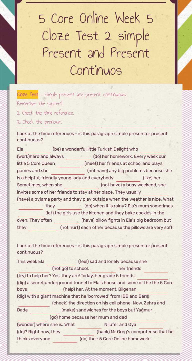 5 Core Online Week 5 Cloze Test 2 simple Present and Present Continuos Grade 5 worksheet preview