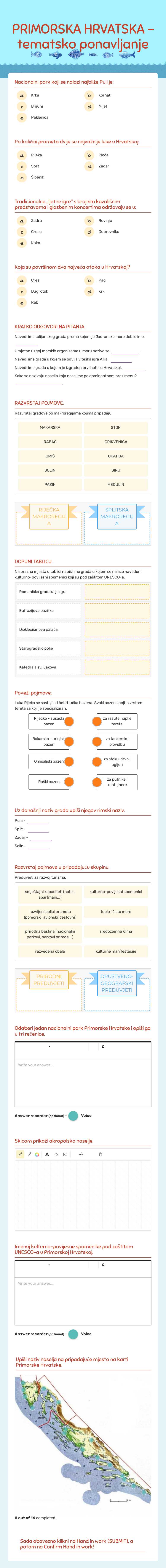 PRIMORSKA HRVATSKA - tematsko ponavljanje Grade 8 worksheet preview
