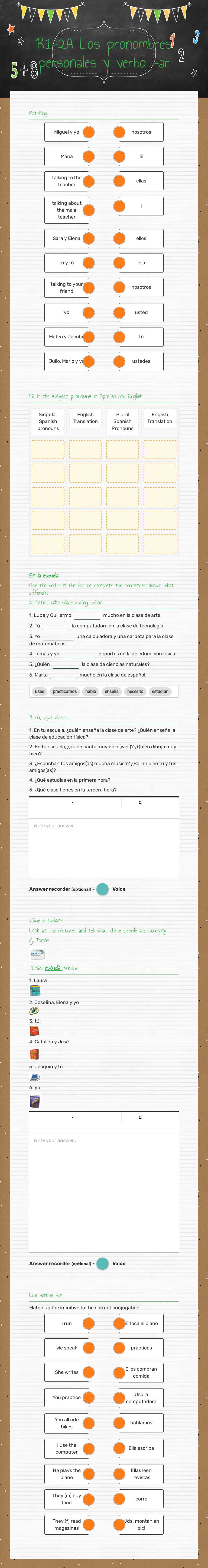 R1-2A Los pronombres personales y verbo -ar Grade 9 worksheet preview