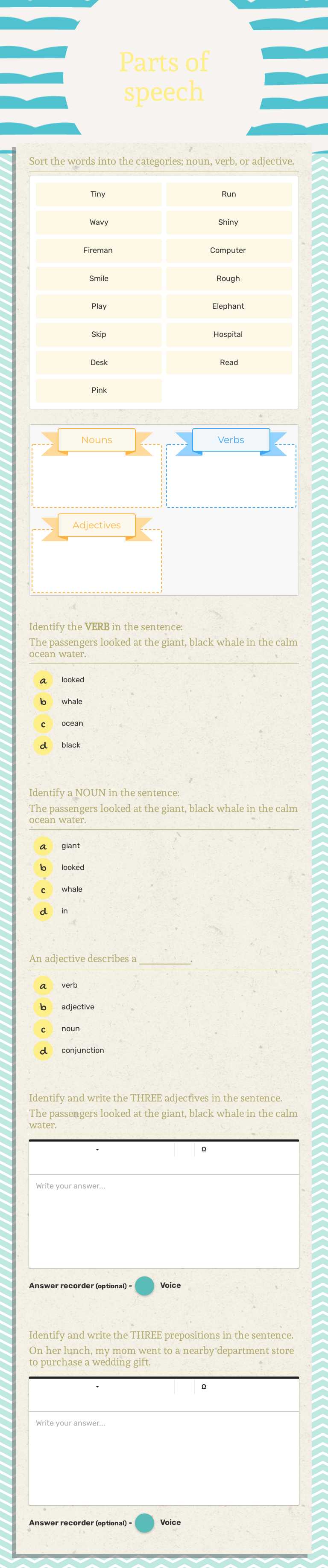 Parts of speech worksheet preview image