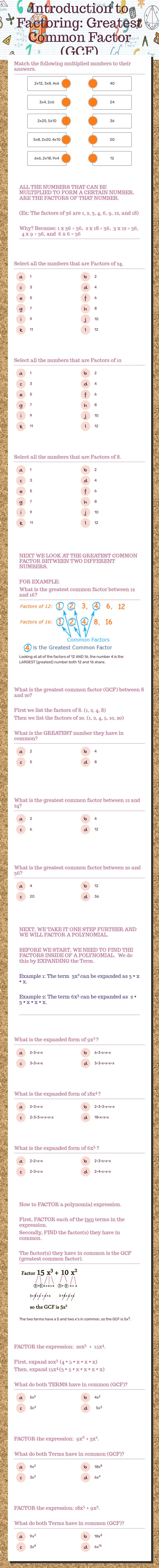 Introduction to Factoring: Greatest Common Factor (GCF) worksheet preview image