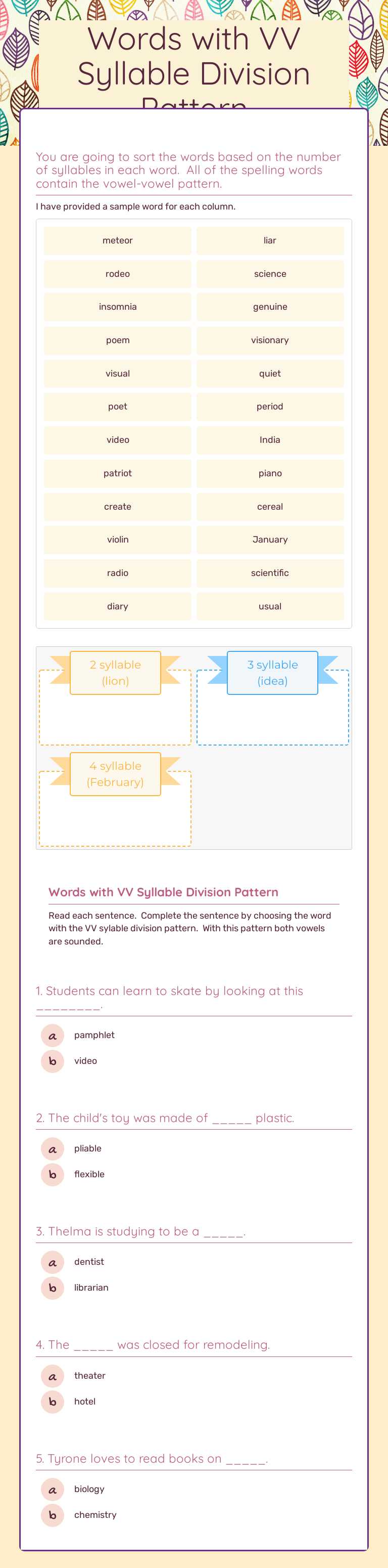 Words with VV Syllable Division Pattern worksheet preview image