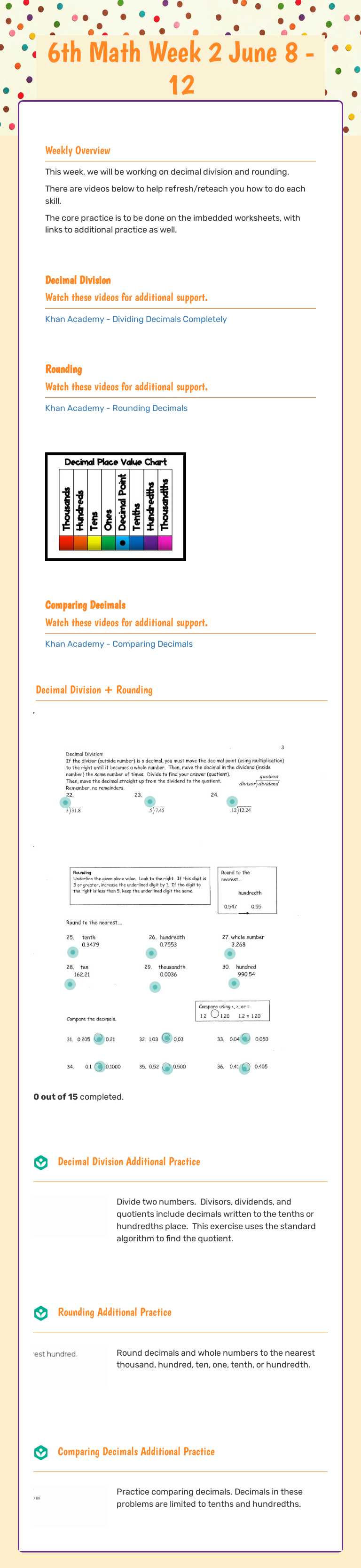 6th Math Week 2                 June 8 - 12 worksheet preview image