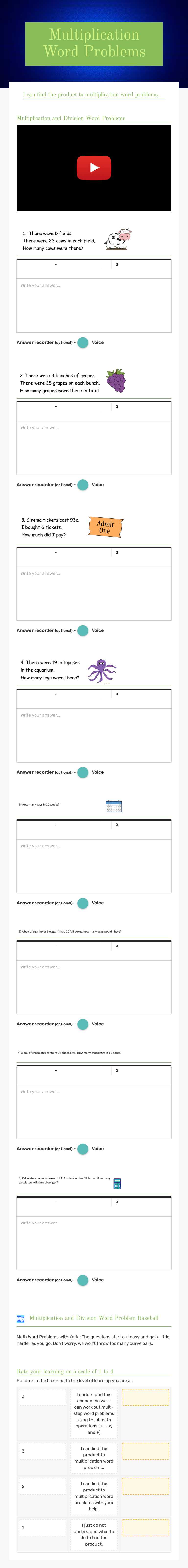 Multiplication Word Problems worksheet preview image